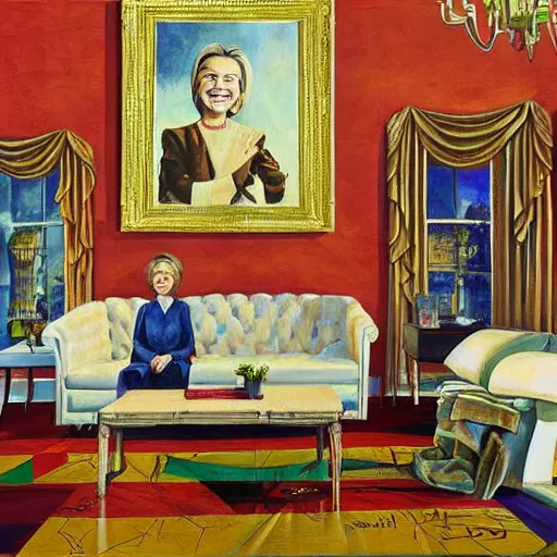 Image similar to a surreal, very very detailed painting of a living room where the floor, the walls, and everything else covered in hillary clinton's face