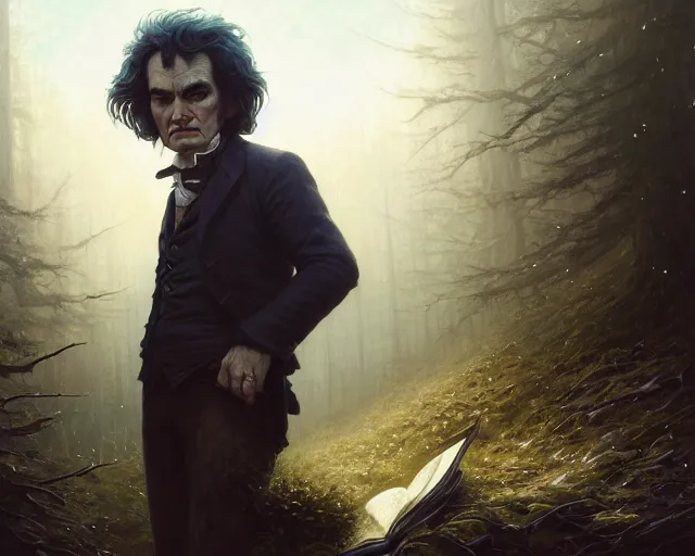 Image similar to highly detailed portrait of ludwig van beethoven, in the walking dead, stephen bliss, unreal engine, fantasy art by greg rutkowski, loish, rhads, ferdinand knab, makoto shinkai and lois van baarle, ilya kuvshinov, rossdraws, tom bagshaw, global illumination, radiant light, detailed and intricate environment