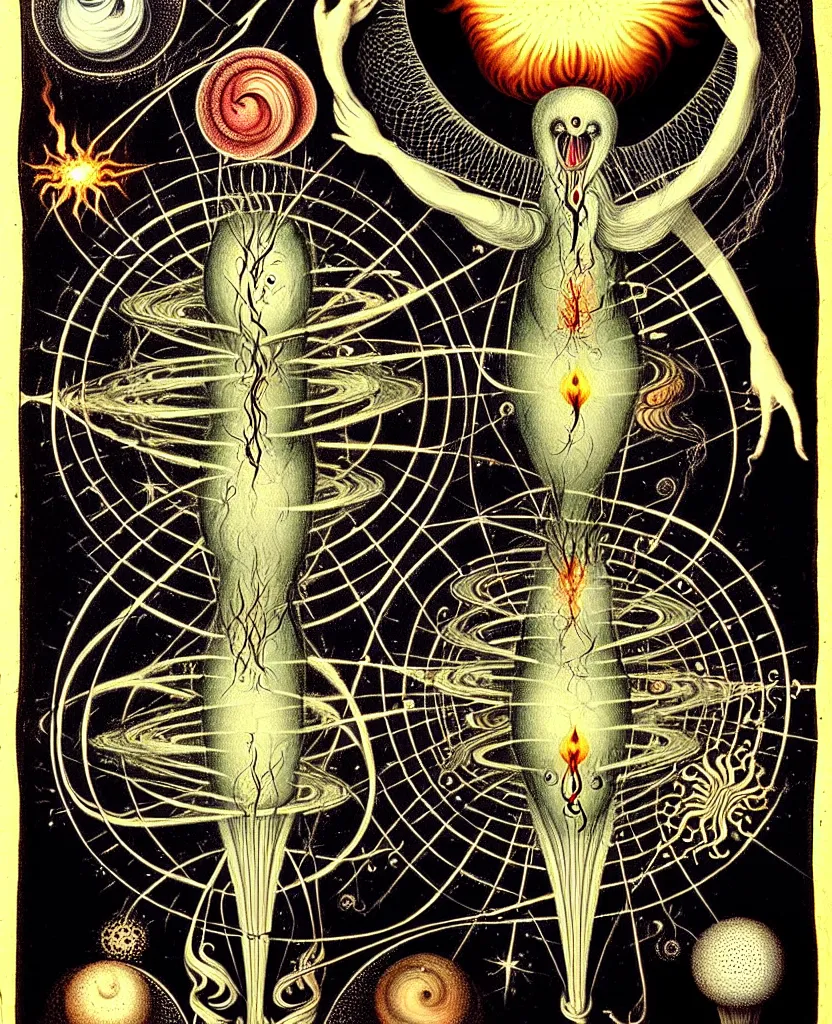 Prompt: whimsical freaky creature sings a unique canto about'as above so below'being ignited by the spirit of haeckel and robert fludd, breakthrough is iminent, glory be to the magic within, in honor to jupiter, painted by ronny khalil