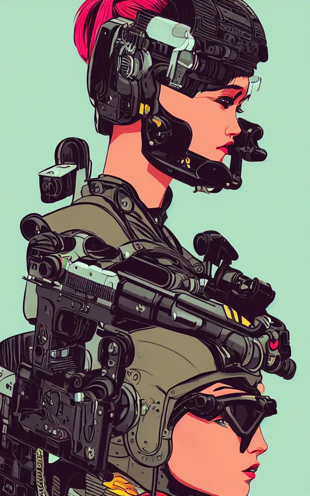 Prompt: very detailed, ilya kuvshinov, mcbess, rutkowski, simon roy, illustration of a cyberpunk military woman, colorful, cinematic composition, studio lighting