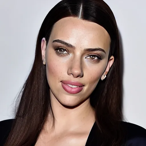 Image similar to a woman who is a genetic combination of kim kardashian and kat dennings and scarlett johansson and margot robbie and emma watson, face and upper - body focus, detailed eyes