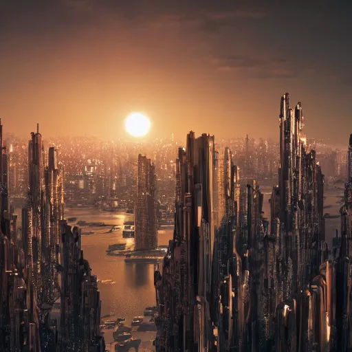 Prompt: 8k photo of a dense futuristic city, at dusk, there is 2 suns and 2 moons
