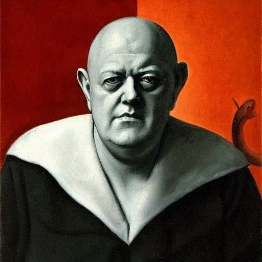 Image similar to Aleister Crowley with horns and hooves by Raphael, Hopper, and Rene Magritte. detailed, romantic, enchanting, trending on artstation