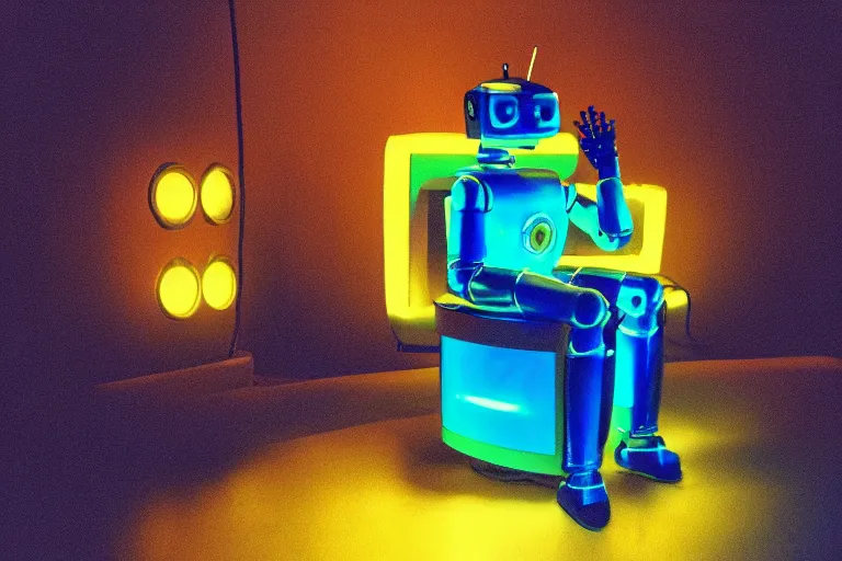 Prompt: beautiful robot sitting on a starry blue couch, from 1985, bathed in the glow of a crt television, water in background, low-light photograph, in style of Tyler Mitchell