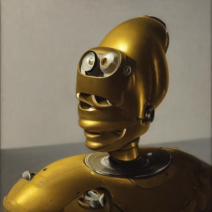 Image similar to still life painting of a robot head by pieter claesz, oil on canvas, strong lighting, highly detailed, hyper realism, golden hour, god rays, hd, 4 k