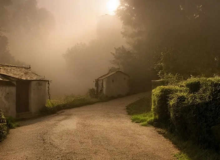 Image similar to and furnished by the late afternoon light, mist curdling like a blurry feast, the haze descends upon this idyllic village, and it is time to rest. the most pleasing, soothing sound can be heard from secret corners of this cozy place. we are safe inside these walls. we are at peace.