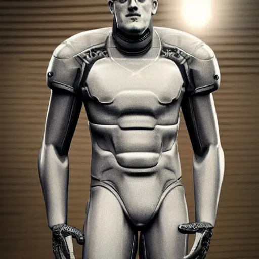 Image similar to “a realistic detailed photo of a guy who is an attractive humanoid who is half robot and half humanoid, who is a male android, football player JJ Watt, shiny skin, posing like a statue, blank stare”