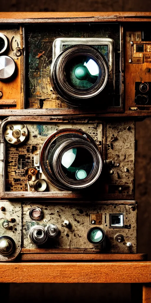 Prompt: A photo of a very old opened device with a camera lens, vacuum tubes, film, capacitors and coils inside, on an old wooden table by Annie Lebovitz, Laura Letinsky and Steve McCurry, grungy, weathered Ultra detailed, hyper realistic, 4k