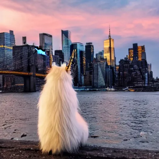 Prompt: a unicorn cat, watching the sunset over manhattan