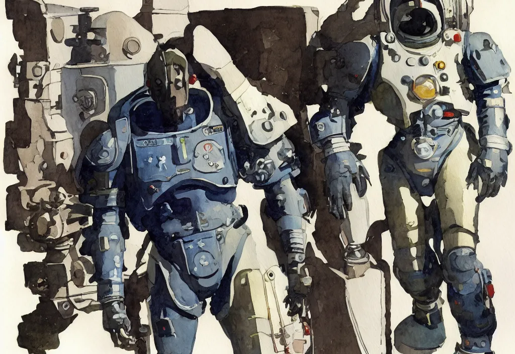 Image similar to male, full body, modern space suit, very stylized character design, large shoulders, short torso, long thin legs, tiny feet, science fiction, hyperdetailed, technical suit, space marine, watercolor digital painting, by mike mignola, by alex maleev, jean giraud, painted by leyendecker