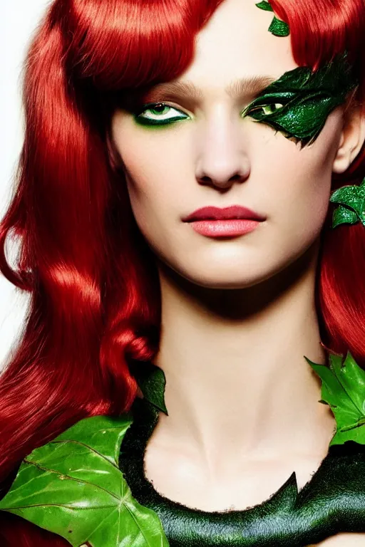 Prompt: A beautiful portrait of Daria Strokous smiling as Poison Ivy from Batman as a Versace fashion model Spring/Summer 2010, highly detailed, in the style of cinematic, Getty images, Milan fashion week backstage, Extreme close up, Makeup by Pat McGrath, Hair by Guido Palau, Greg rutkowski