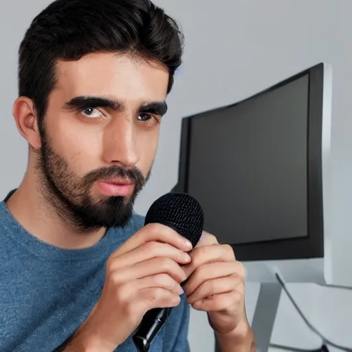 Image similar to handsome Portuguese male twitch streamer looking confused at his expensive microphone which isn't working, high quality photo, 4k