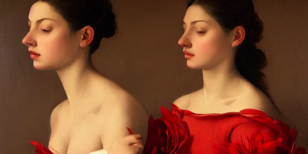 Prompt: beautiful oil matte portrait painting, woman in a red dress covered in rose petals, wonderful masterpiece highly detailed, beautiful cinematic light deep focus, elegant, digital painting, smooth, sharp focus, golden ratio, dramatic illumination, ultra realistic, 8 k, art by artemisia lomi gentileschi and caravaggio