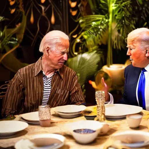 Image similar to Trump and Biden having dinner at a fancy Balinese restaurant, award winning cinematic photography, sigma 85mm Lens F/1.4, blurred background, perfect faces