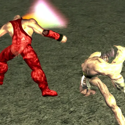 Image similar to fight screenshot of anderson silva vs yoshimitsu in tekken, detailed anderson silva face texture, ps 1 graphics, low poly, texture warp, pixel aliasing, fighting game in forest, sd video, tekken 1 playstation, health bar hud