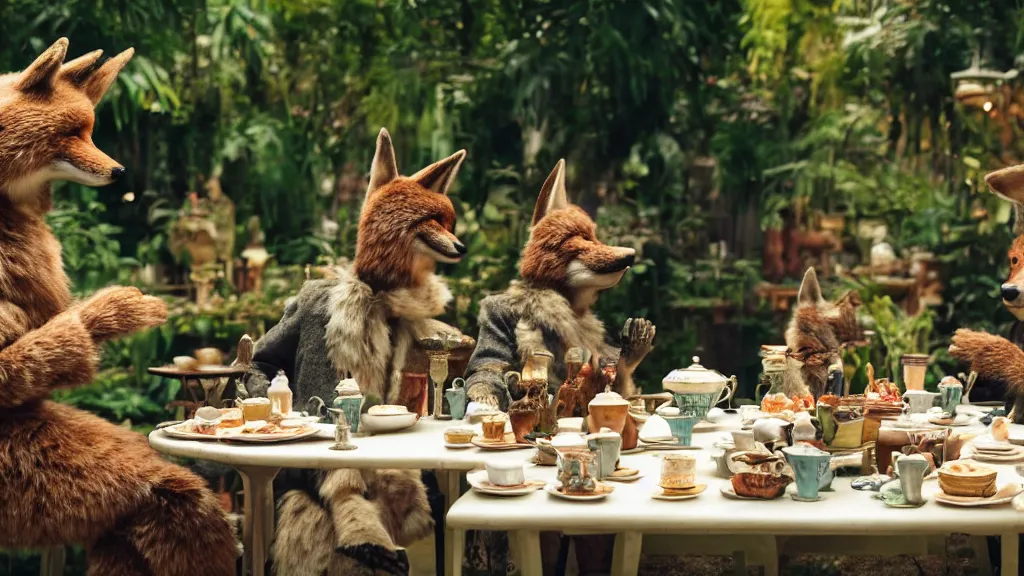 Prompt: film still from the movie chappie outdoor park plants garden scene bokeh depth of field several figures sitting down at a table having a delicious grand victorian tea party crumpets furry anthro anthropomorphic stylized cat ears wolf muzzle head fox fur