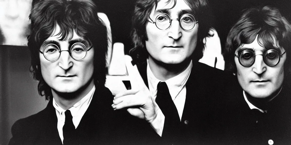 Image similar to John Lennon & Tesla working together ufo technology, black & white photograph