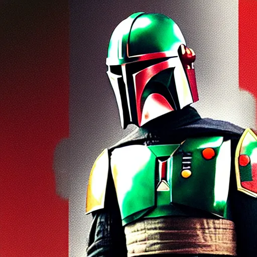 Image similar to Levi Ackerman wearing Mandalorian armor, holding his helmet. The armor is gray, red, gold, green, and white