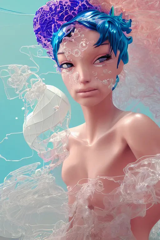 Image similar to an epic puerto rican non - binary model, subject made of white melting porcelain, mesh headdress, flowing dress, with cerulean and pastel pink bubbles bursting out, delicate, beautiful, intricate, melting into vulpix, houdini sidefx, by jeremy mann and ilya kuvshinov, jamie hewlett and ayami kojima, bold 3 d