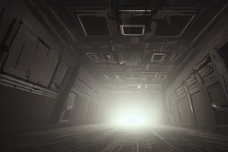 Image similar to a cinema 4 d rendering of a dark spacecraft interior, corridor, rows of doors, sparks from ceiling lights in the style of dead space, cinematic depth of field, anamorphic lens