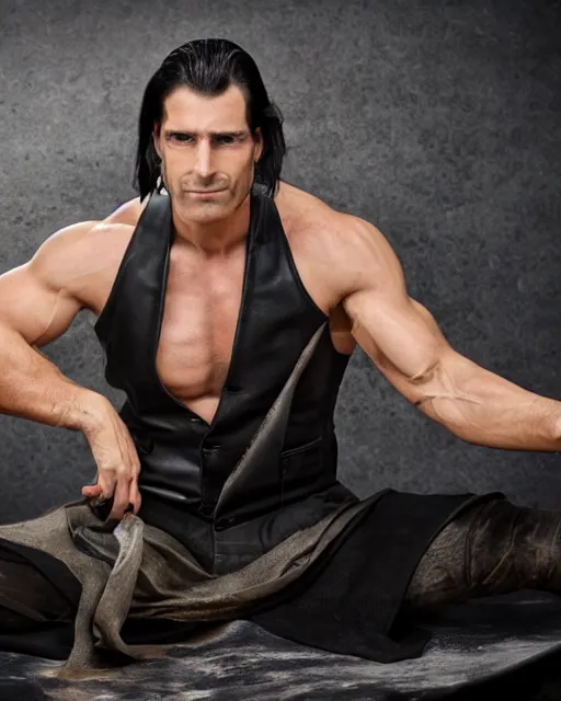 Prompt: muscular man sitting at table on tatooine, wearing a black black leather vest vest vest, no shirt, shirtless, long long black black hair in a ponytail ponytail 9 9 9 9 9 9