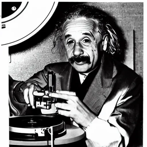 Image similar to photo of Albert Einstein DJing a record player at a nightclub, vintage, highly detailed facial features, at a nightclub