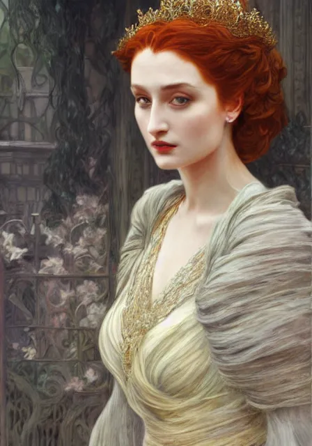 Image similar to sansa, intricate, elegant, highly detailed, digital painting, artstation, concept art, smooth, sharp focus, illustration, pre - raphaelite style, mucha, monet