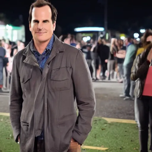 Image similar to will arnett crying with big smile on face standing in the middle of a parking lot, with many people running away