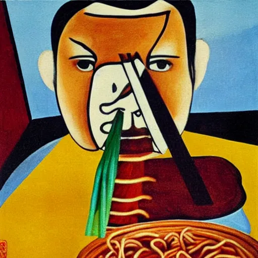 Image similar to surrealist painting, chinese man eating noodles, cubism