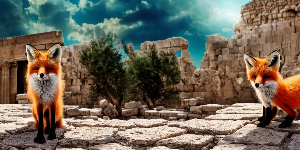 Prompt: A beautiful small fox in the huge ruins of the second temple in Jerusalem :: Dreamy sky :: The third temple hovers quietly in the sky above :: Very colorful painting 8k trending on art station :: Intricate details, very realistic, cinematic lighting, volumetric lighting, photographic blur bokeh defocus dof sky