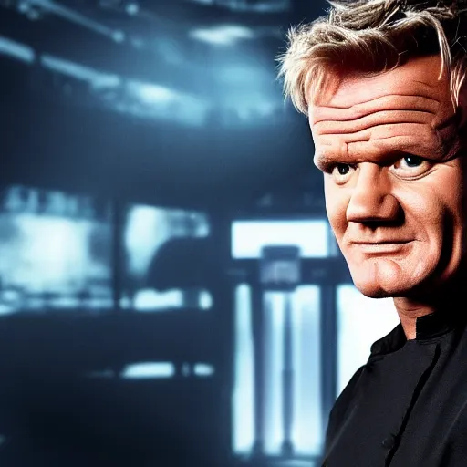 Image similar to gordon ramsey starring as robocop movie, movie still, 8 k