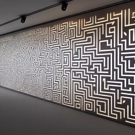 Prompt: : pattern maze sculpture art on the wall in modern architecture studio, cinematic lighting, hyper - realistic, detailed, render by c 4 d octane, unreal engine, 8 k 3 d render