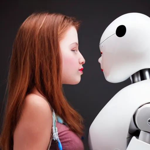 Image similar to photo of humanoid robot kissing a beautiful girl colour