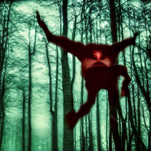 Image similar to Camera obscura photo of a demon in a forest, horrifying, grainy, cursed