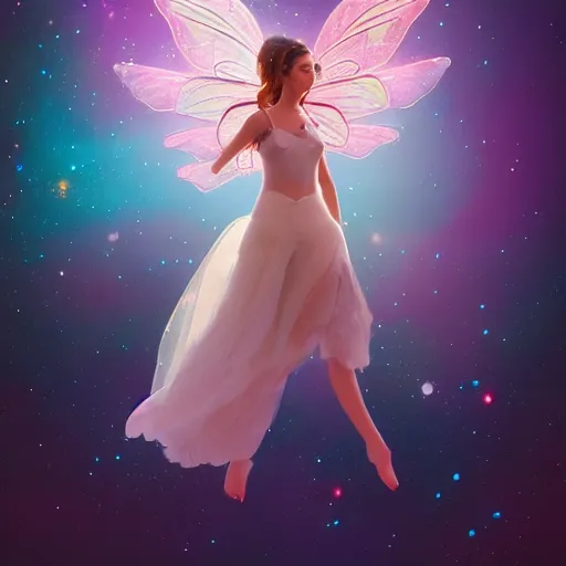 Image similar to magical fairy floating in space, epic cartoon portrait, beautiful face, stunning concept art, highly detailed, galaxy background, rendered in octane, unreal engine, trending on artstation, realistic, diviantart