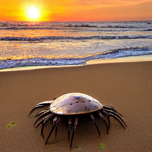 Prompt: Horseshoe crab on the beach during sunset, award winning photograph