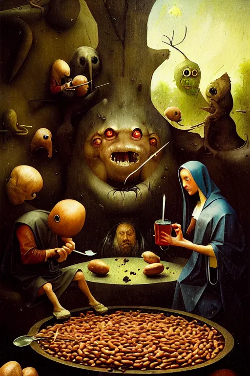 Prompt: hieronymus bosch, greg rutkowski, anna podedworna, painting of a vtubers eating beans