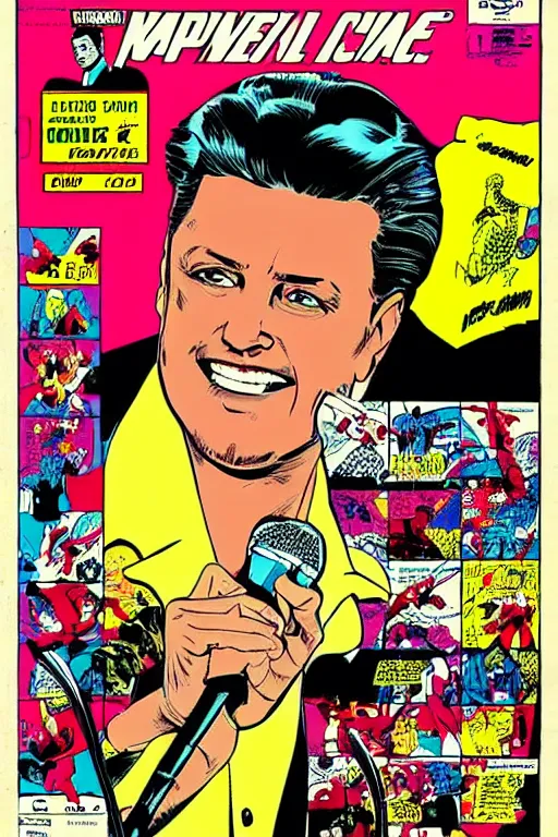 Prompt: Luis Miguel singing with a microphone in the style of 1960's Marvel comics, high resolution digital scan, intricate details, aesthetic