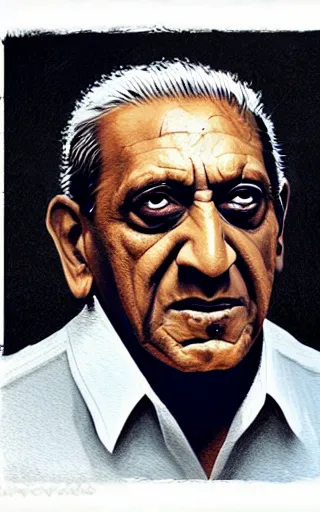 Prompt: painting of Amrish Puri by Christopher Balaskas