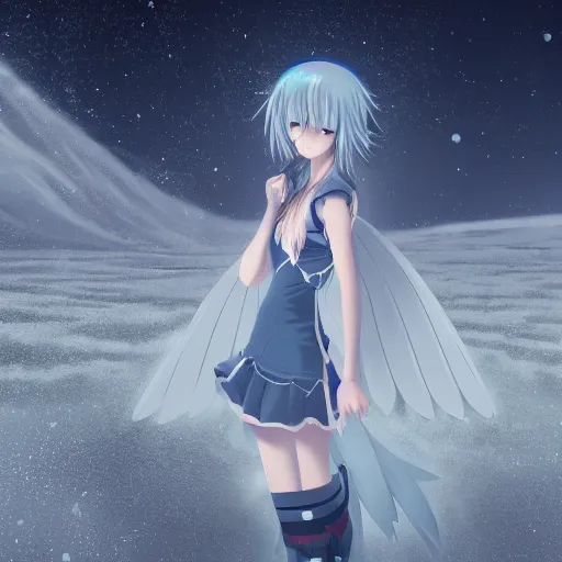 Prompt: anime girl with wings in a snowy tundra, beautiful, extremely detailed, foggy, snow, anime, cinematic lighting, blue eyes, white dress, moonlight, stars,