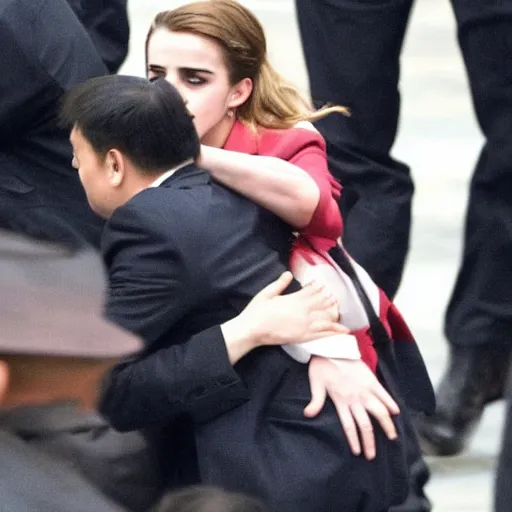 Image similar to angry emma watson putting xi jinping in a headlock as security agents close in