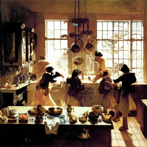 Prompt: a busy kitchen full of chefs, by mead schaeffer and jean - honore fragonard