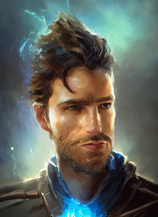 Prompt: handsome young scruffy man face, brown wavy hair, glowing blue powerful eyes, wearing blue colonial commander military jacket with a magical glowing spear, portrait, by artgerm, by greg rutkowski, by noah bradley, digital avedon