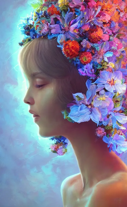 Image similar to a beautiful oil painting hyperrealism of a beautiful woman, flowers, floral headdress, 8 k resolution, octane render, trending on artstation, by gediminas pranckevicius, volumetric light 2 blue fractal thunder glow by dan mumford, anaglyph effect, laurie lipton