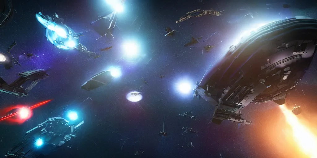 Prompt: huge space battle, multiple spaceships fighting, in the style of the movie event horizon, moody lighting, lens flares, 8 k