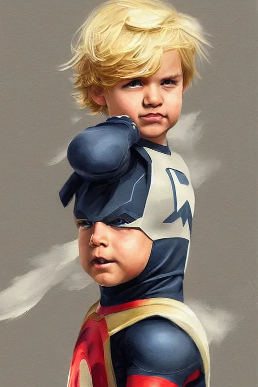 Prompt: a little boy with a michievous face and blonde hair. he is dressed as a superhero. clean elegant painting, beautiful detailed face. by artgerm and greg rutkowski