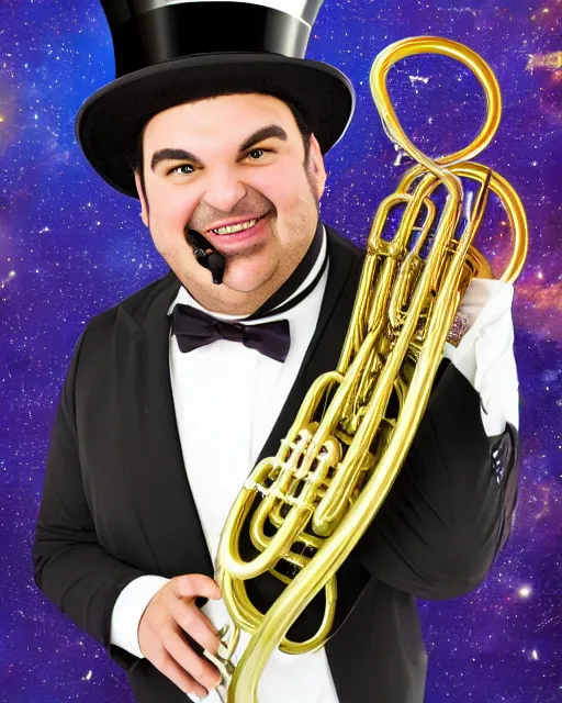 Image similar to photorealistic studio portrait of ian karmel playing a french horn, wearing a top hat, with a space background