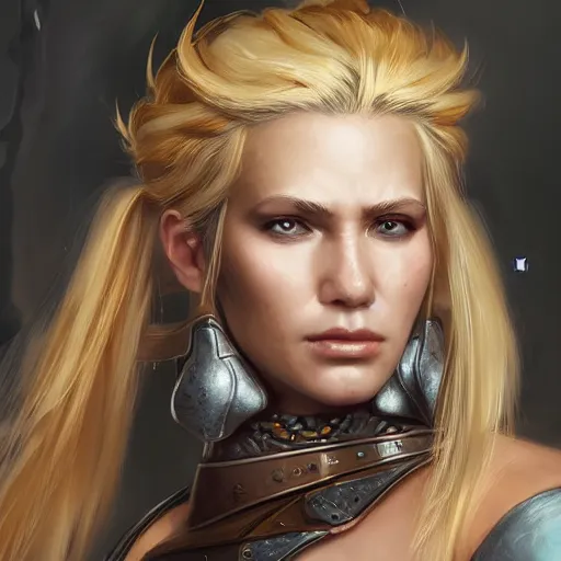Prompt: fantasy portrait of a middle aged beautiful female barbarian warrior with blonde hair , made by Stanley Artgerm Lau, WLOP, Rossdraws, ArtStation, CGSociety, concept art, cgsociety, octane render, trending on artstation, artstationHD, artstationHQ, unreal engine, 4k, 8k,