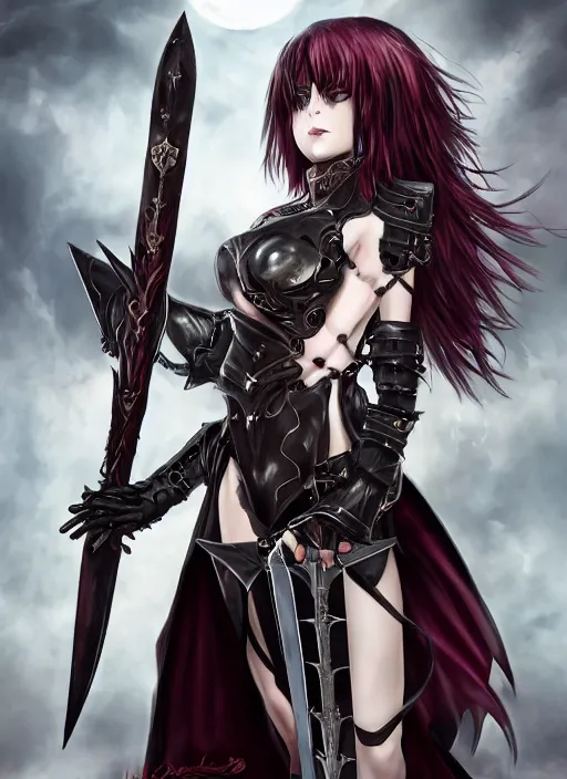 Prompt: full - body portrait, female vampire knight holding a large greatsword, lean, muscular, bat wings, roman gladiator sandals, historical heavy plate armor, metal mask, enchanting, elegant, seductive smile, ghostblade, wlop, modern fantasy, realistic proportions, modest clothing.