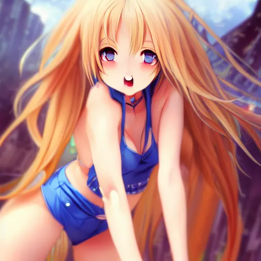 Image similar to a very beautiful young anime giantess from below, full body, long wavy blond hair, sky blue eyes, full round face, evil grin, bikini, miniskirt, front view, mid - shot, highly detailed, cinematic wallpaper by stanley artgerm lau